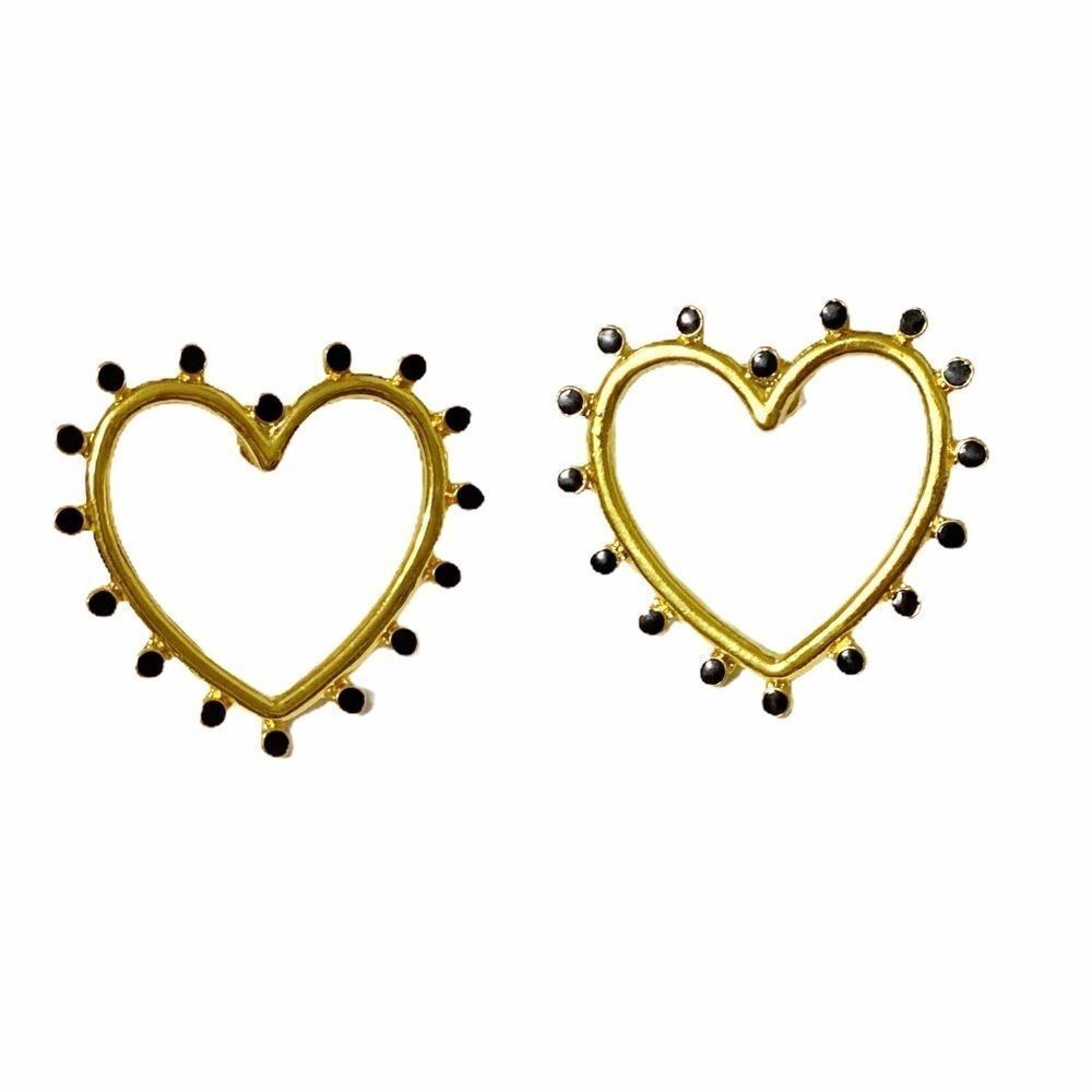 Gold Open Hearts Black Enamel Dots Drop Earrings - NEW